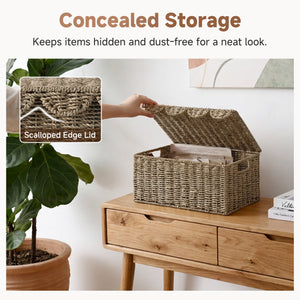 Seagrass Basket with Scalloped Lid and Built-in Handles