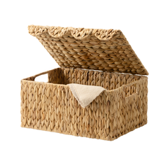 Water Hyacinth Basket with Scalloped Lid and Built-in Handles