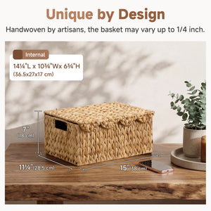 Water Hyacinth Basket with Scalloped Lid and Built-in Handles