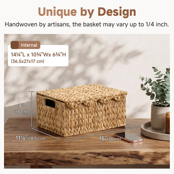 Water Hyacinth Basket with Scalloped Lid and Built-in Handles