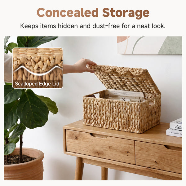 Water Hyacinth Basket with Scalloped Lid and Built-in Handles