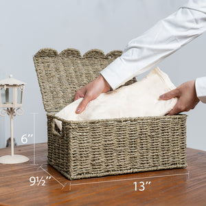 Scalloped Edge Wicker Basket with Lid, Seagrass