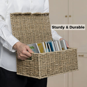 Scalloped Edge Wicker Basket with Lid, Seagrass