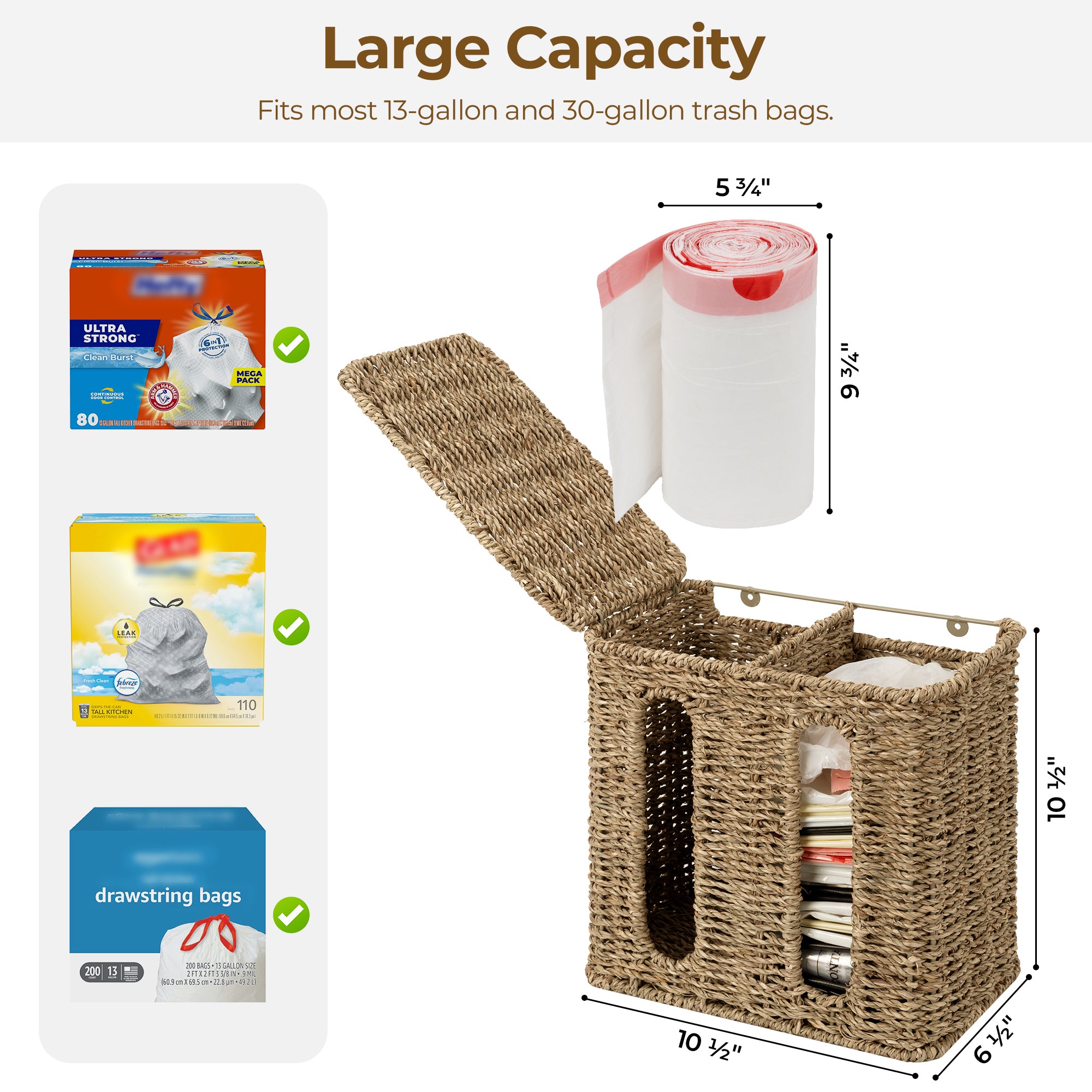 StorageWorks Garbage Bag Dispenser With Lid, Wall Mount Water Hyacinth Plastic Bag