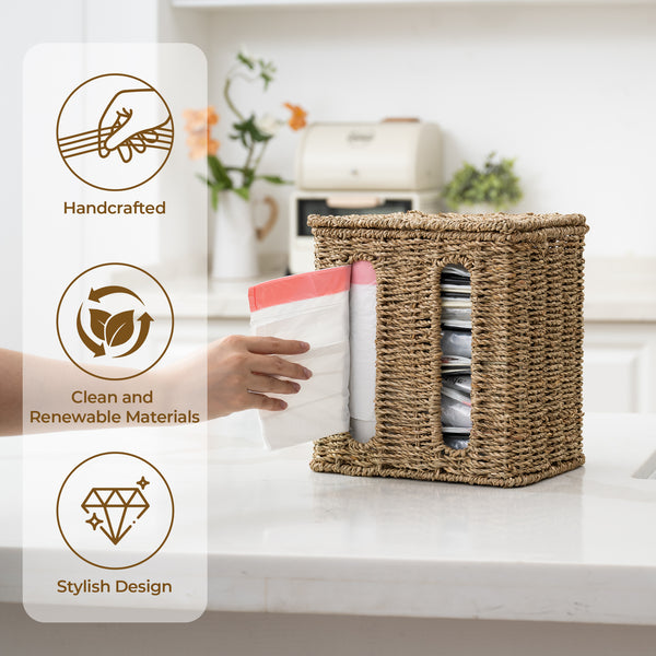 Trash Bag Holder with Lid, Garbage Bag Dispenser, Seagrass