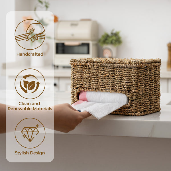 Trash Bag Holder with Lid, Garbage Bag Dispenser, Seagrass