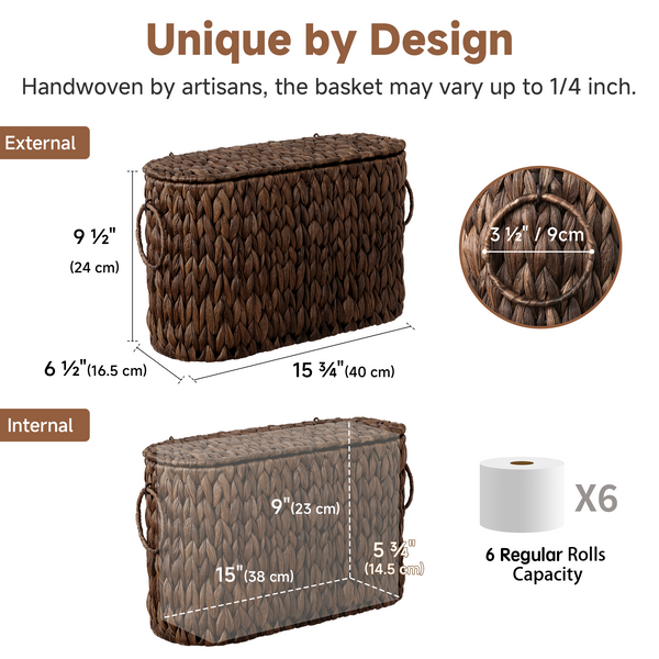 Toilet Paper Storage with Lid for 6 Regular Rolls, Water Hyacinth