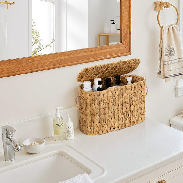 Toilet Paper Storage with Lid for 6 Regular Rolls, Water Hyacinth