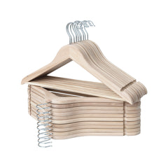 Lotus wood clothes hangers with chrome hooks, contoured design, stacked in a pack, showcasing natural finish.