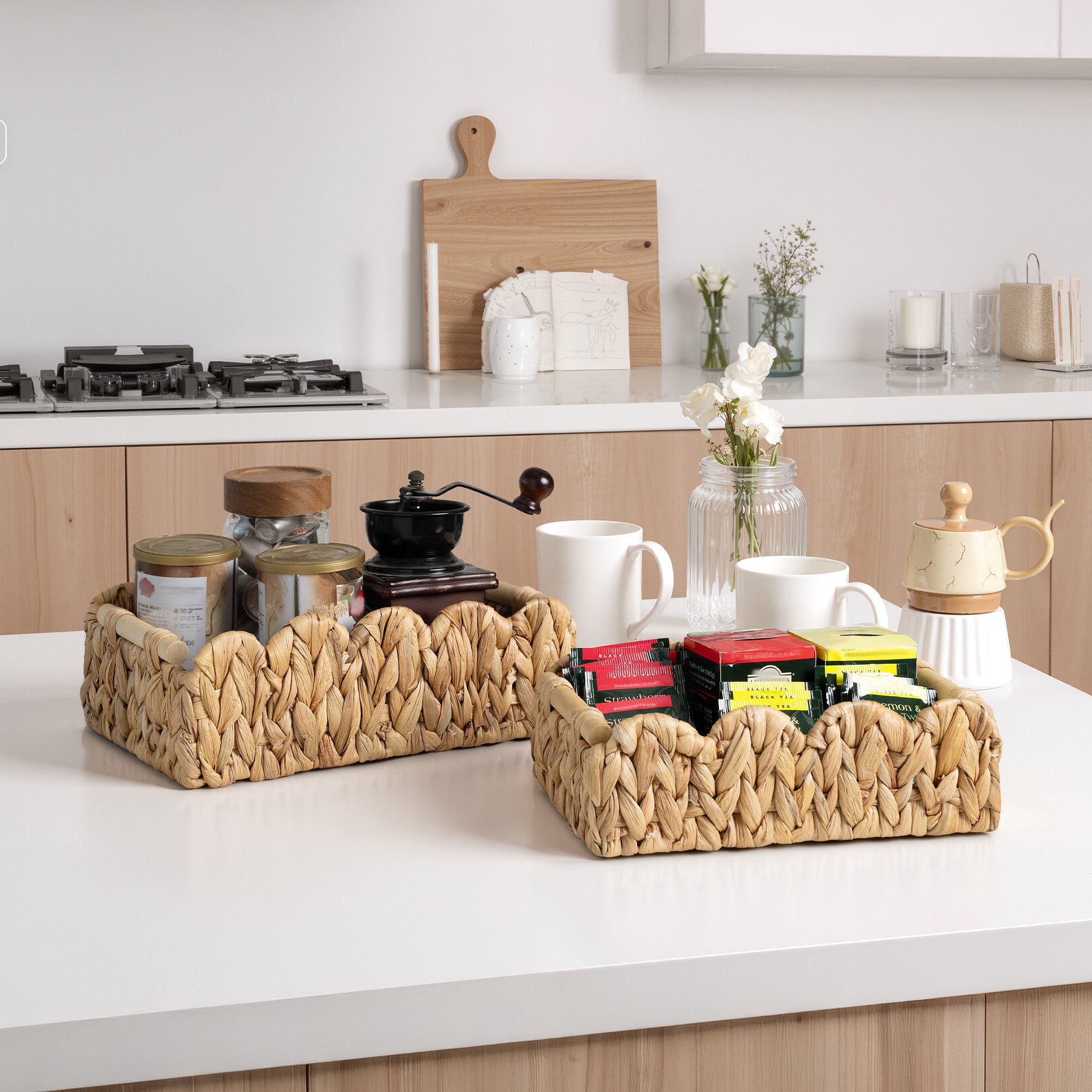 Water Hyacinth Toilet Paper Basket set on white countertop, scalloped edges, handwoven, natural texture.