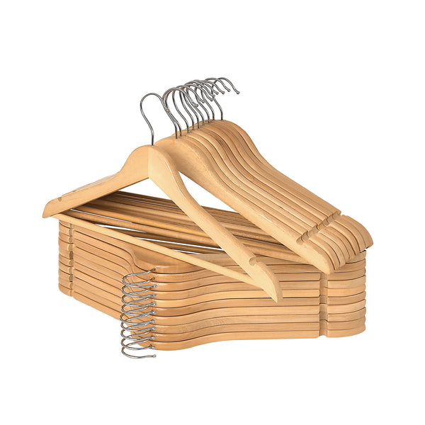 Wooden hangers with contoured shoulders, non-slip grooves, pant bar, and 360-degree swivel hooks in natural finish.