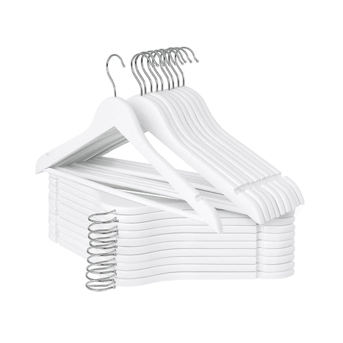 Wooden hangers with white finish, contoured shoulders, non-slip notches, and 360-degree swivel hooks.