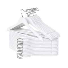 White wooden hangers for coats, shirts, jackets, with contoured shoulders and 360-degree swivel hooks.