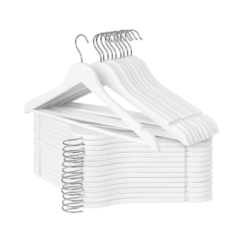 White wooden hangers for coats, shirts, jackets, with contoured shoulders and 360-degree swivel hooks.