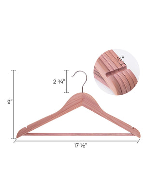 Cedar Wood Clothes Hangers with contoured shoulders, natural wood grain, and 360-degree chrome hooks, 9x17.5 inches.