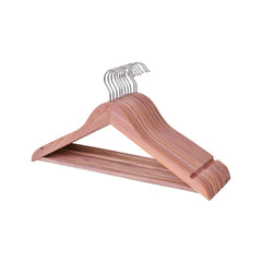 Cedar wood clothes hangers with chrome hooks, contoured shoulders, and smooth finish, perfect for organizing garments.