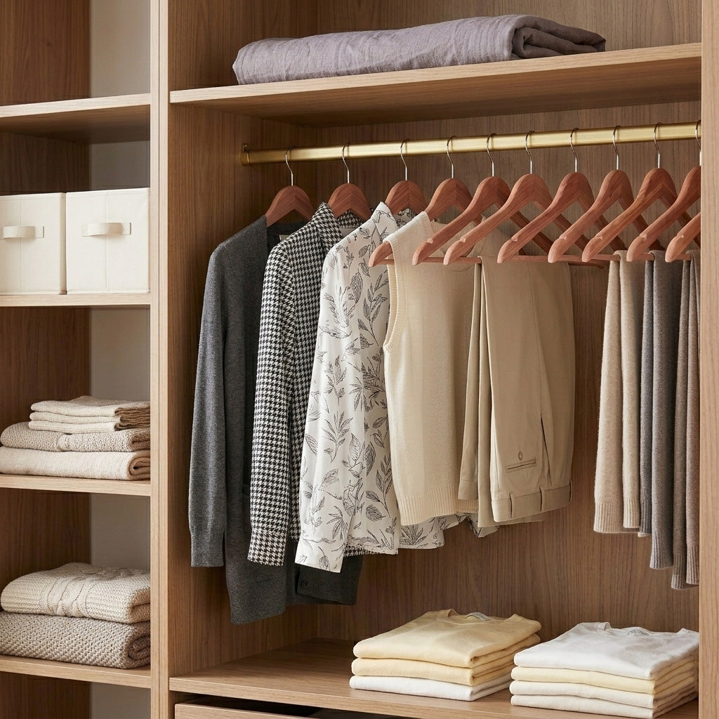Closet with wooden shelves and clothes on cedar wood hangers and folded on shelves