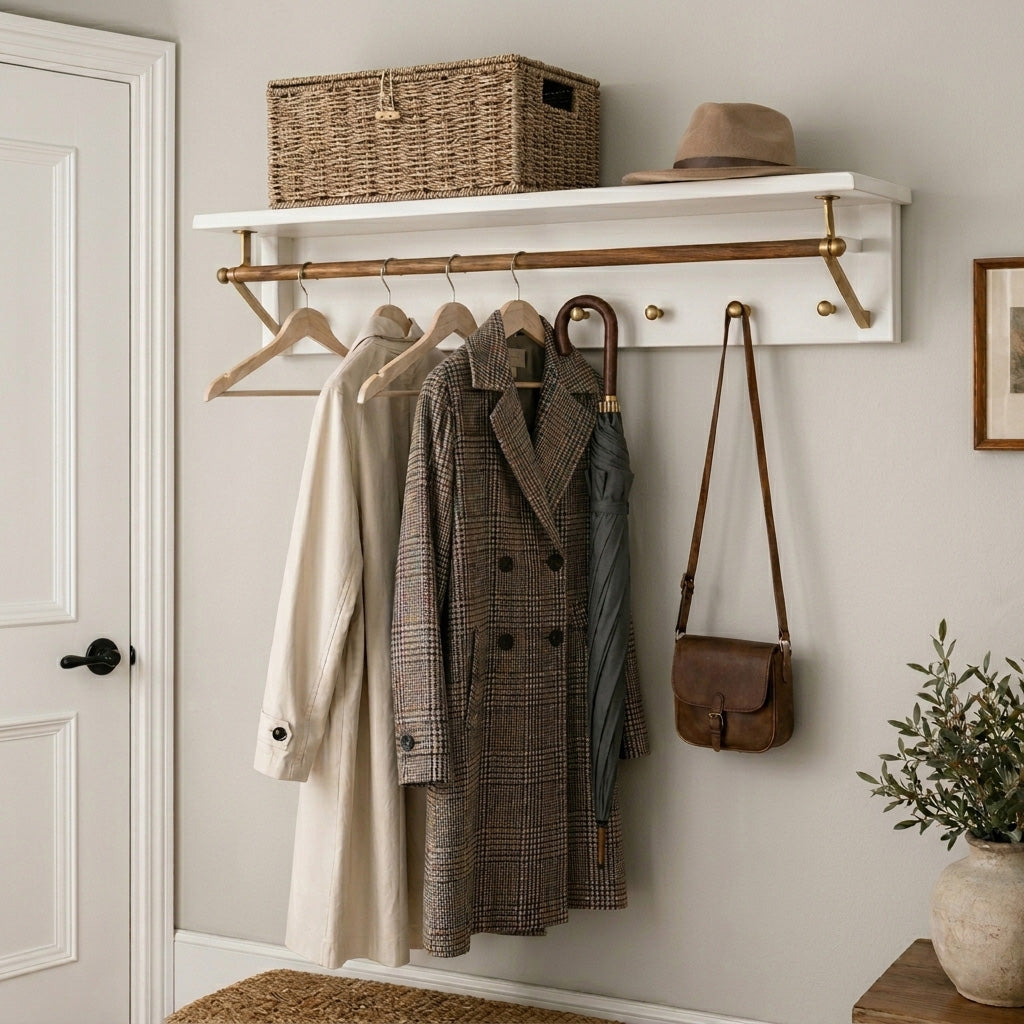 Entryway with coat rack holding coats on wood hangers, a wicker storage basket, a hat, and a handbag against a neutral wall.