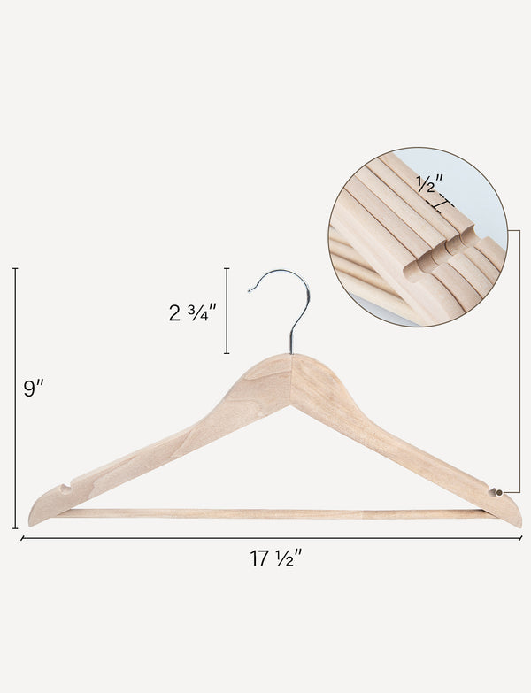 Lotus Wood Clothes Hanger with contoured shoulders, natural finish, and metal hook; dimensions labeled.