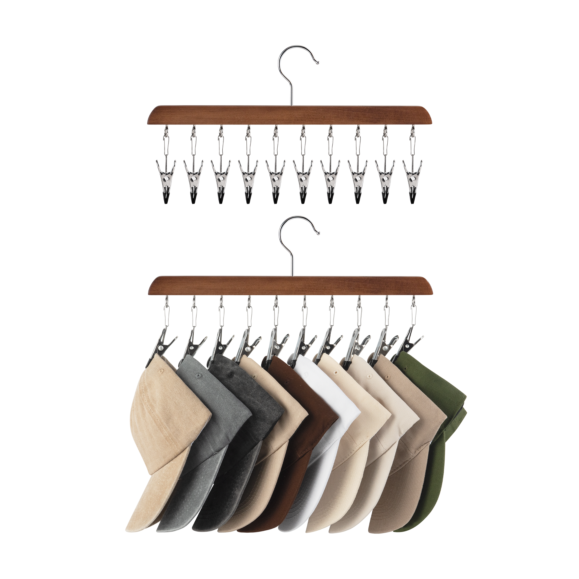 StorageWorks Set 2 Organizer Per Cappelli In Legno Con 10 Clip Regolabili In Acciaio - 3