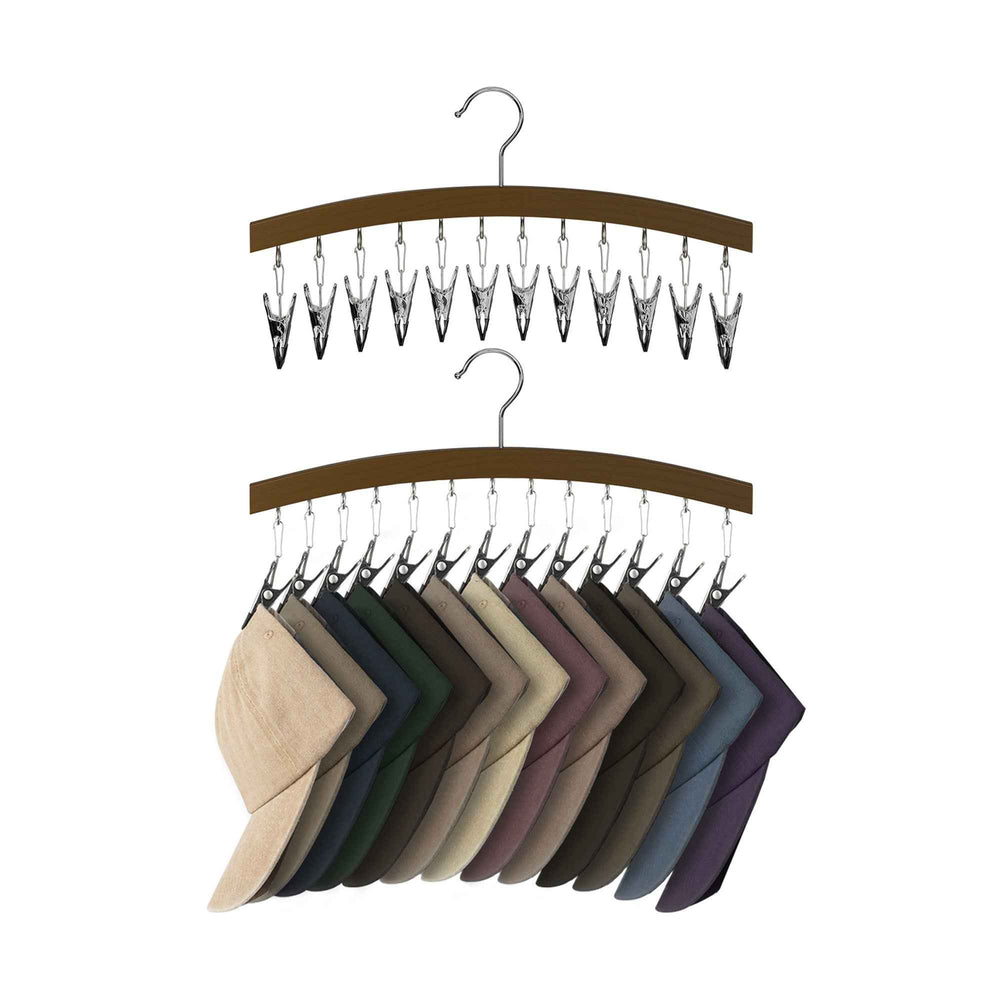 A wooden hat rack with metal clips and a hanger, shown empty at the top and holding multiple baseball caps in different colors at the bottom, on a plain white background.