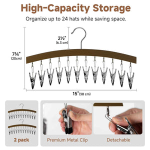 High-capacity storage hat rack with dimension labels and feature callouts. The product shows a curved brown wooden bar with multiple detachable metal clothespins hanging from a central hook.