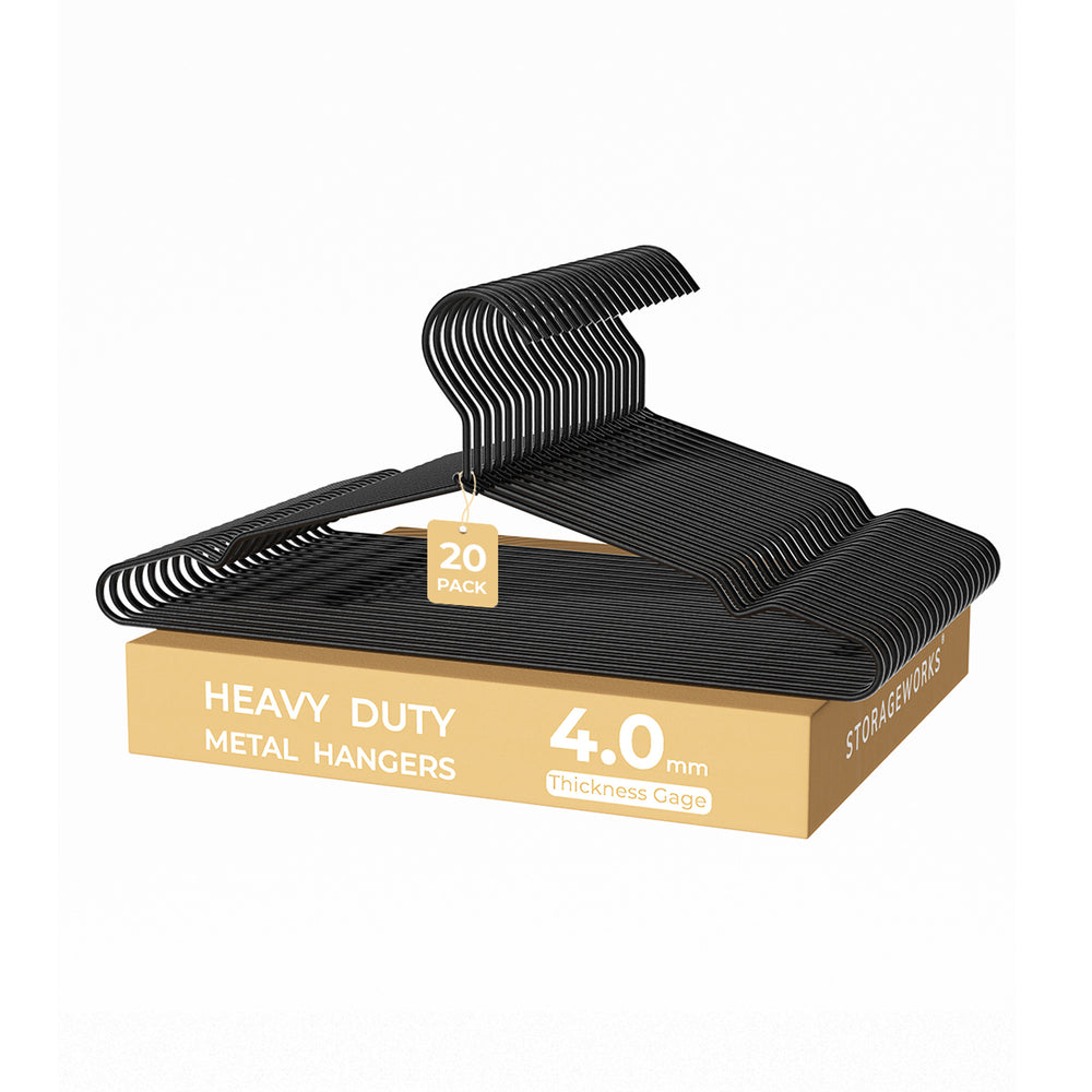 4mm Super Thick Wire Hangers, smooth black metal, chrome-plated, rustproof, with V-notch design for easy garment hanging.