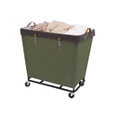 Large rolling laundry basket in olive green, metal frame, black wheels, brown handles, and beige lining.