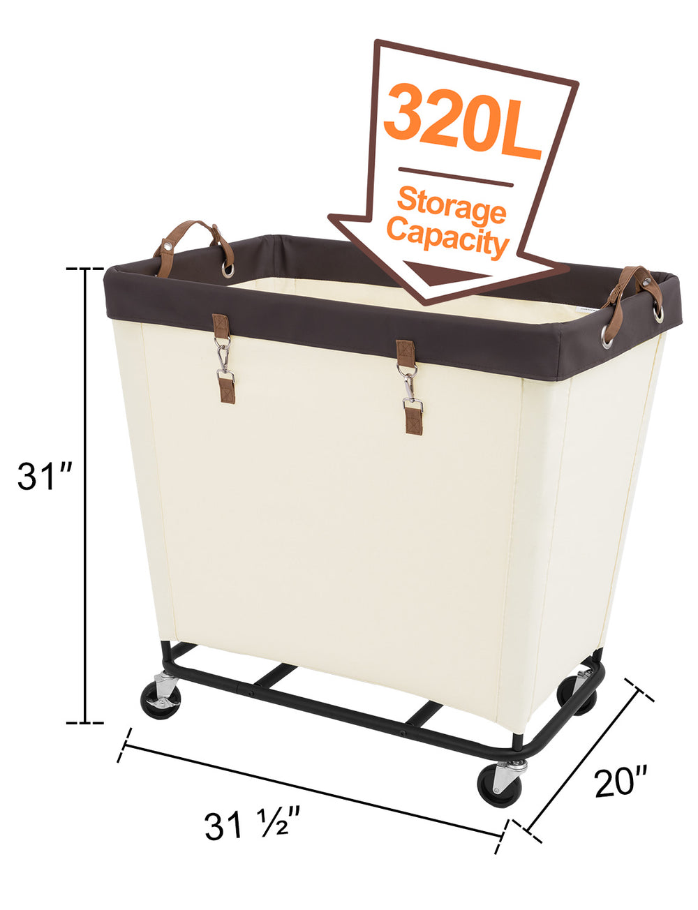 Large rolling laundry basket with wheels, beige fabric, black metal frame, filled with clothes.