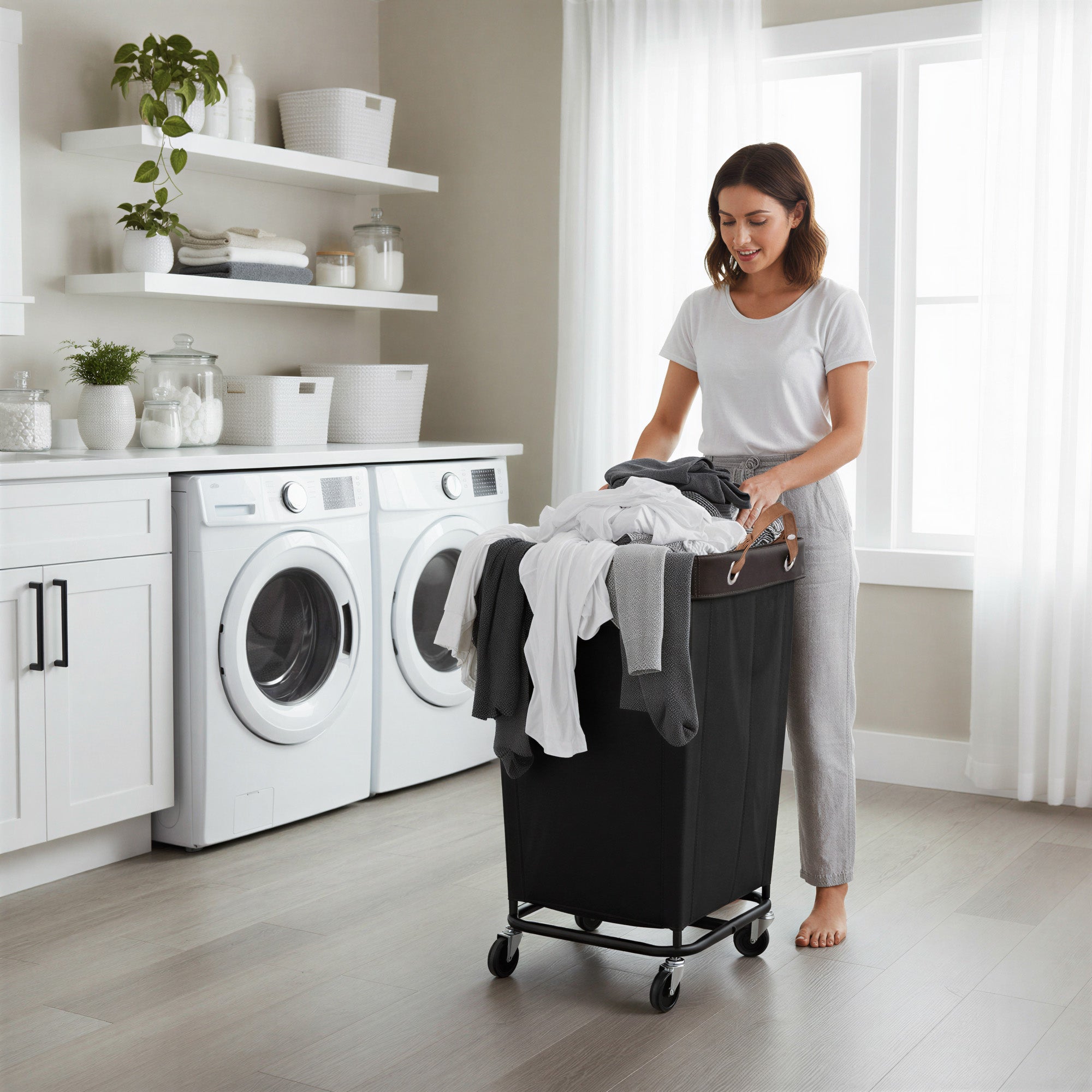 Large black rolling laundry basket with wheels, metal frame, in laundry room setting, white removable liner.