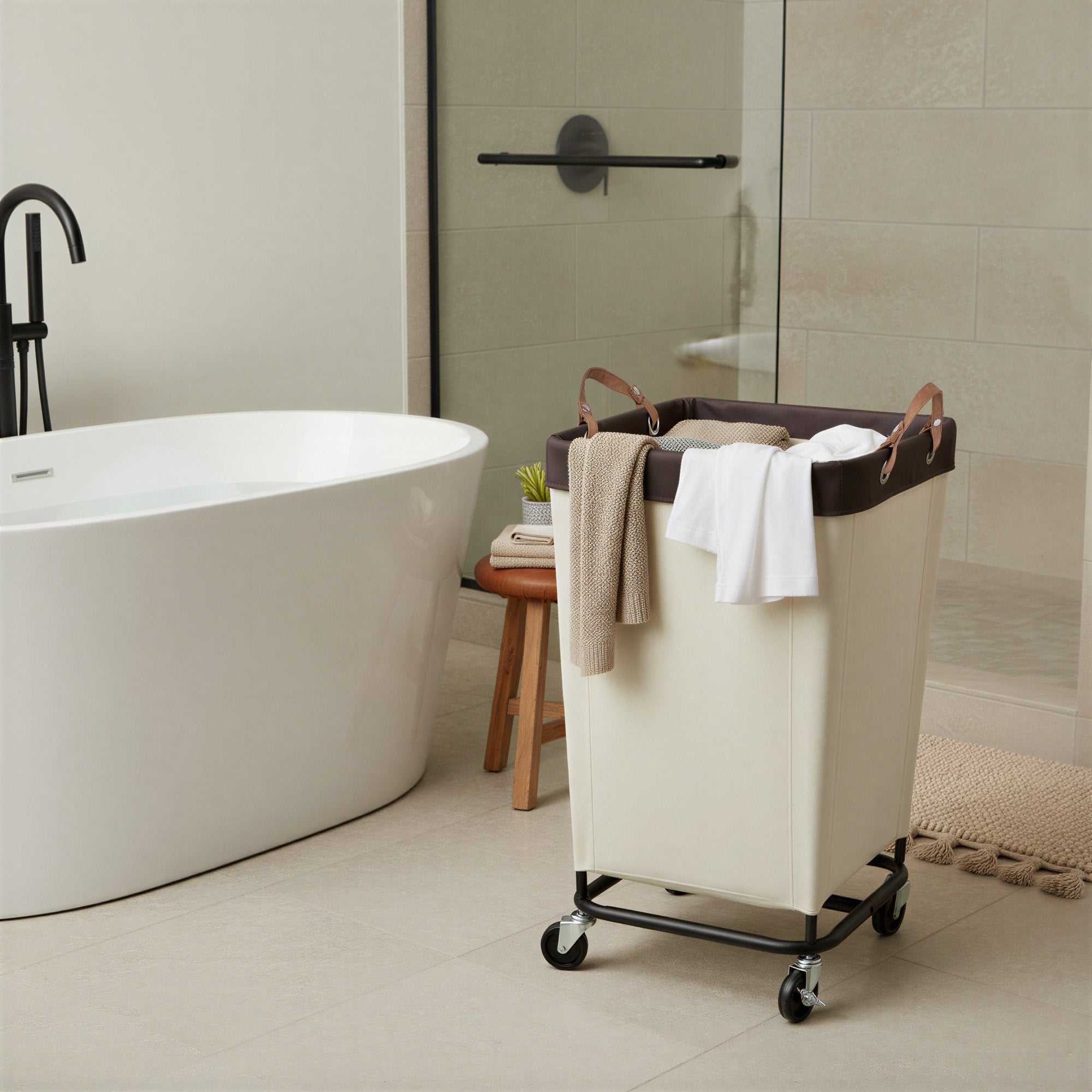 Large rolling laundry basket with wheels, beige fabric, brown trim, situated in bathroom beside tub.