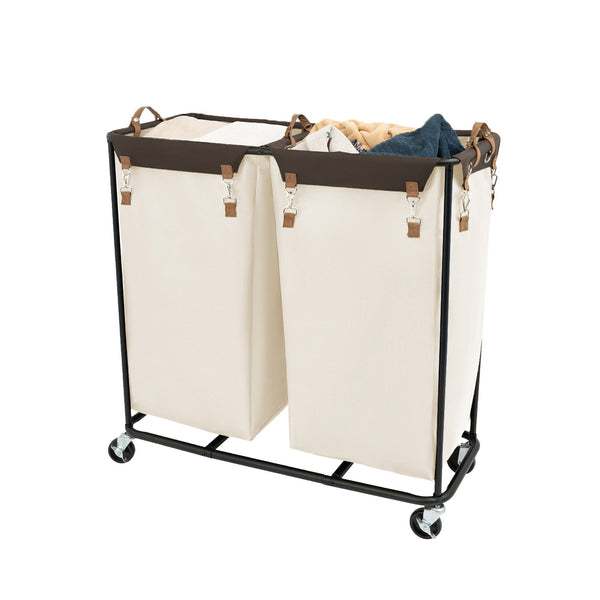 Double laundry sort cart with beige bags on a white background