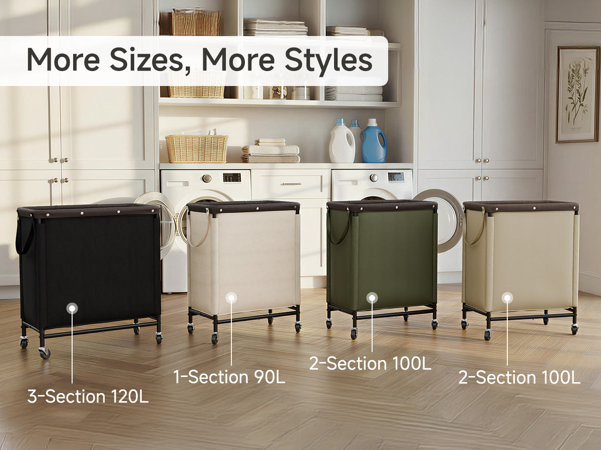 Four laundry baskets of different sizes in a laundry room setting.
