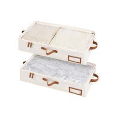 Fabric Under Bed Storage Bins with Lid, 2 Pack; beige, transparent lid, brown handles, stackable design.
