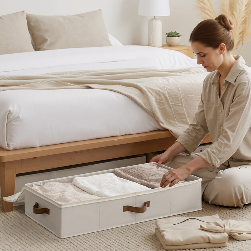 Under Bed Storage Bins, beige fabric, label holder, brown handles, 2-pack, zipper closure.