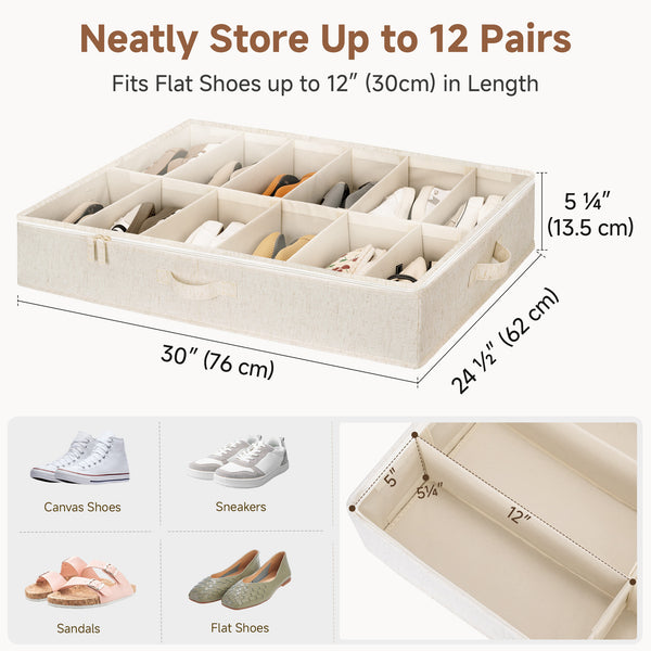 Rustic Linen Under Bed Shoe Organizer, Set of 2