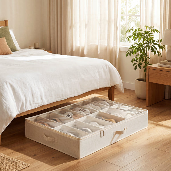Rustic Linen Under Bed Shoe Organizer, Set of 2