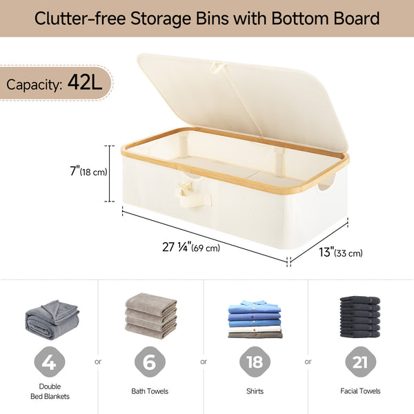 Underbed Storage Box with Bamboo Frame, beige fabric, open lid, 42L capacity, dimensions labeled.