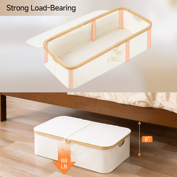 Underbed storage box with bamboo frame, beige fabric, flip-top lid, positioned under a bed, 8-inch height.