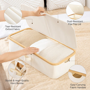 Underbed storage box with bamboo frame, featuring beige fabric, top bamboo frame, flip-top lid, and fabric handles.