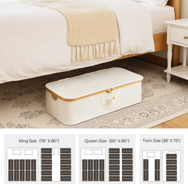 Underbed storage box with bamboo frame, beige fabric, under a bed, featuring a flip-top lid and handle.