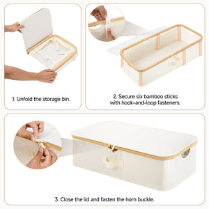 Underbed storage box with bamboo frame, showing assembly steps with fabric and bamboo details in neutral color.