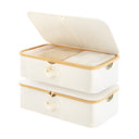 Underbed storage box with bamboo frame, beige fabric, open lid, showcasing storage capacity for clothes and bedding.