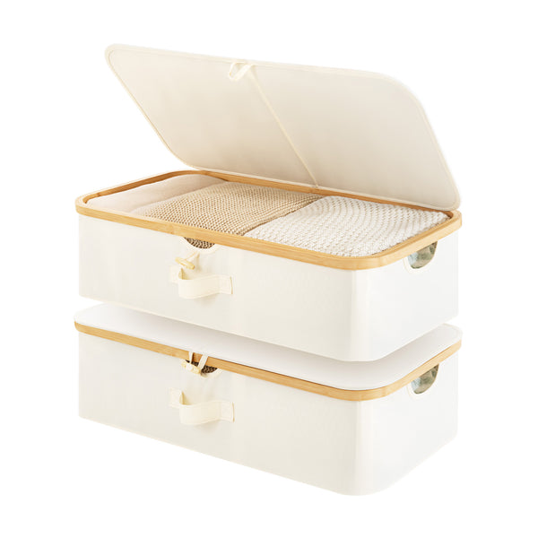 Underbed storage box with bamboo frame, beige fabric, open lid, showcasing storage capacity for clothes and bedding.