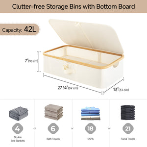 Underbed Storage Box with Bamboo Frame in beige fabric and bamboo trim, open lid, side handles.