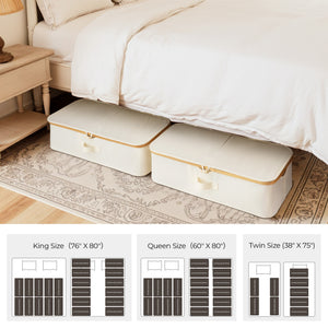 Underbed storage box with bamboo frame, neutral color, fabric handles, placed under a bed, shown in bedroom setting.