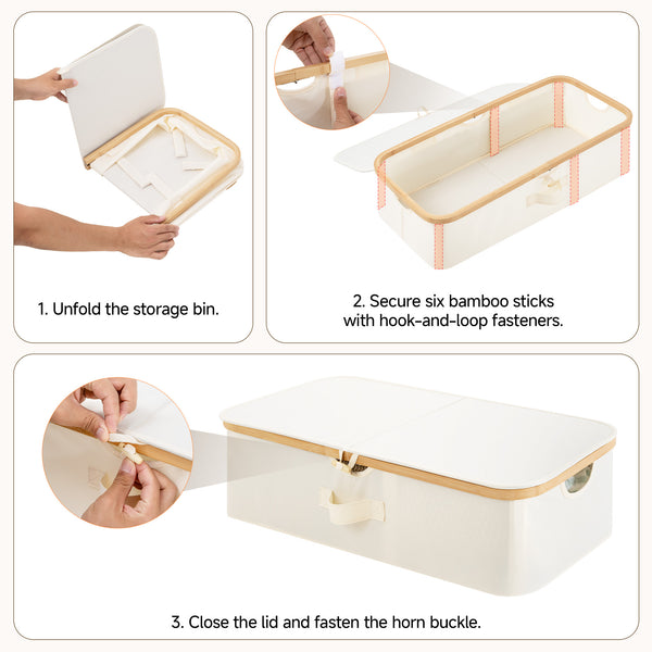 Underbed storage box with bamboo frame, white fabric, assembly steps shown, features fabric handles and flip-top lid.