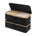 Underbed storage box with bamboo frame, black fabric, flip-top lid, beige interior, stacked view.