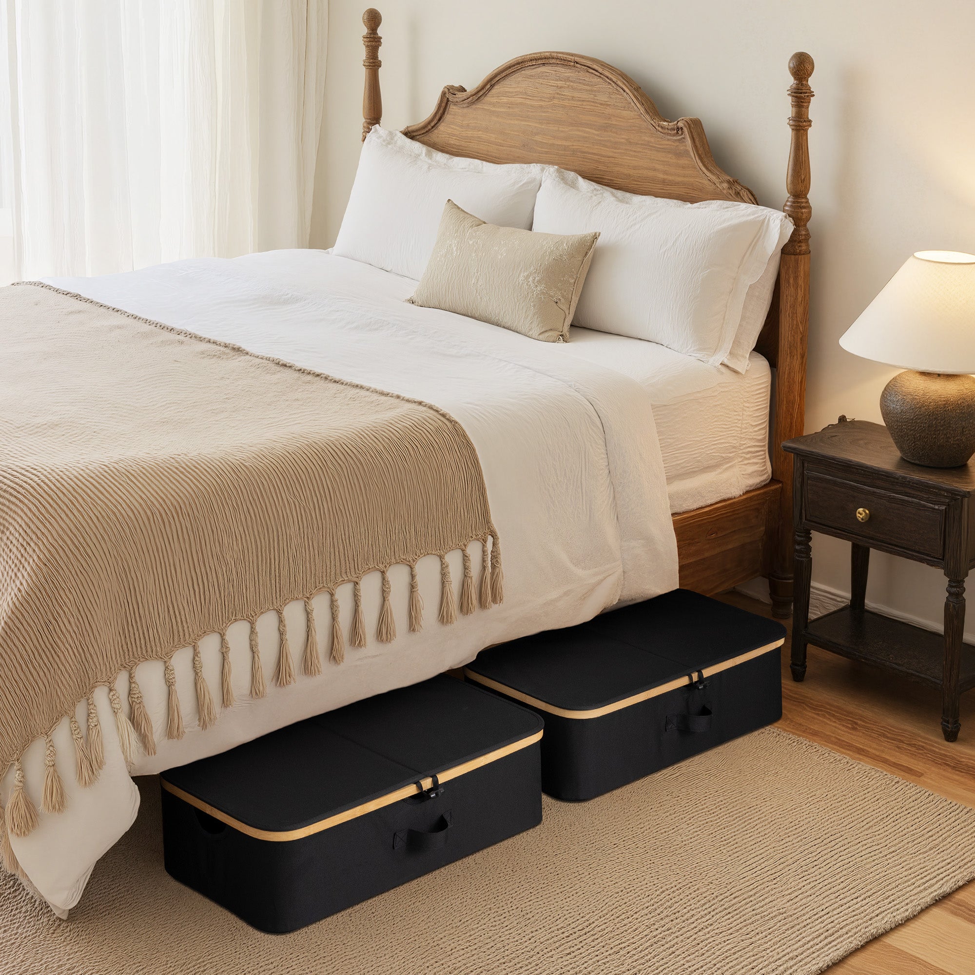Underbed storage box with bamboo frame, black fabric, shown under a bed in a cozy bedroom setting.
