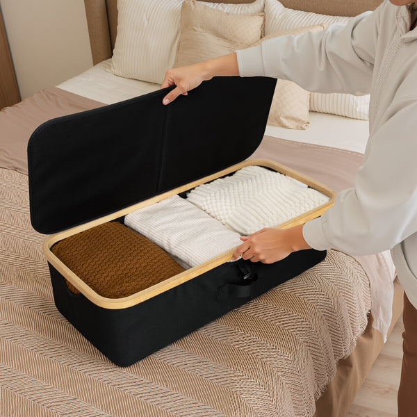 Underbed Storage Box with Bamboo Frame in black fabric; flip-top lid, neatly stores clothes under bed.